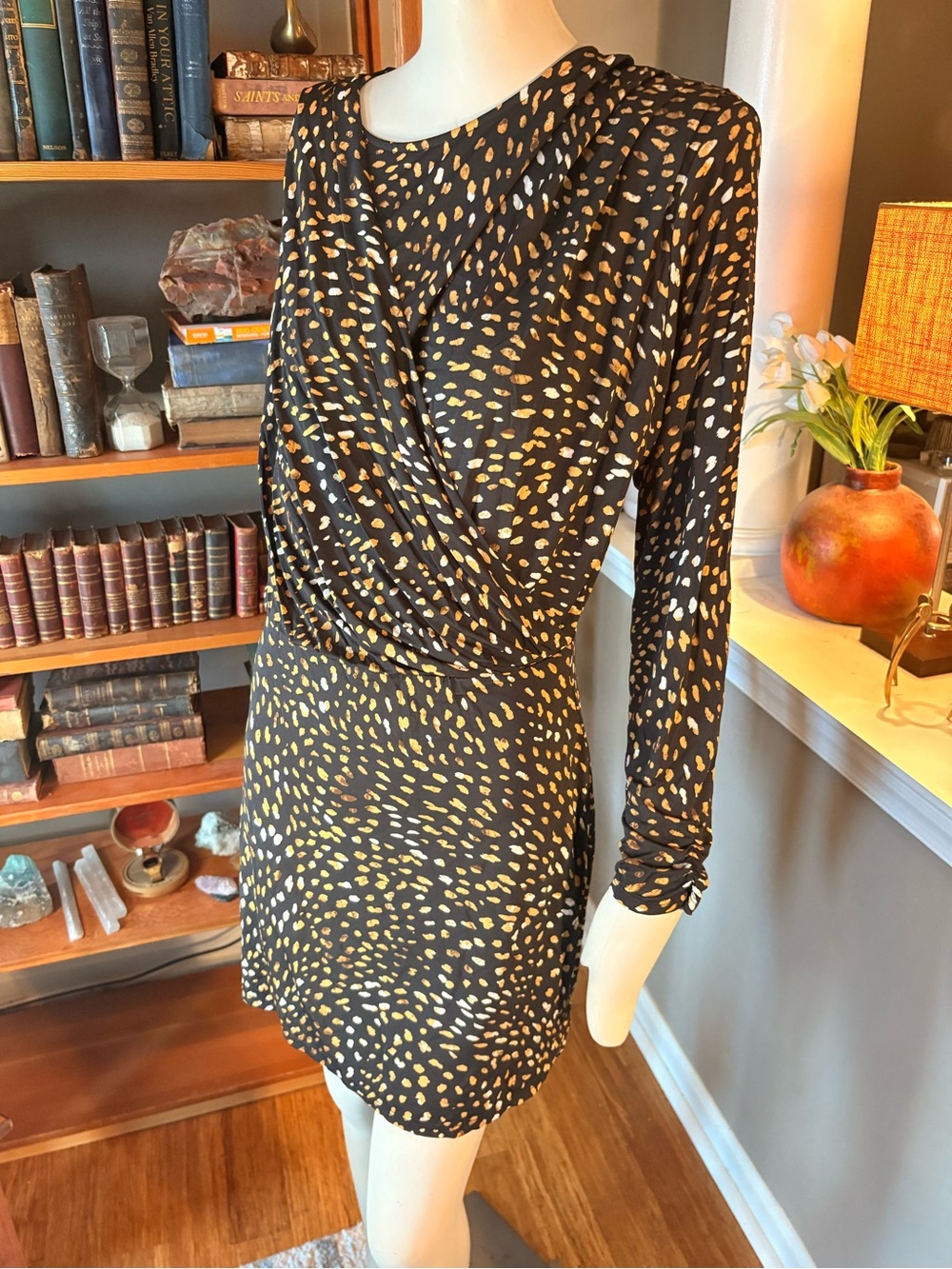 Aqua Black Long-Sleeve Wrap-Style Dress with Mustard Spot Print